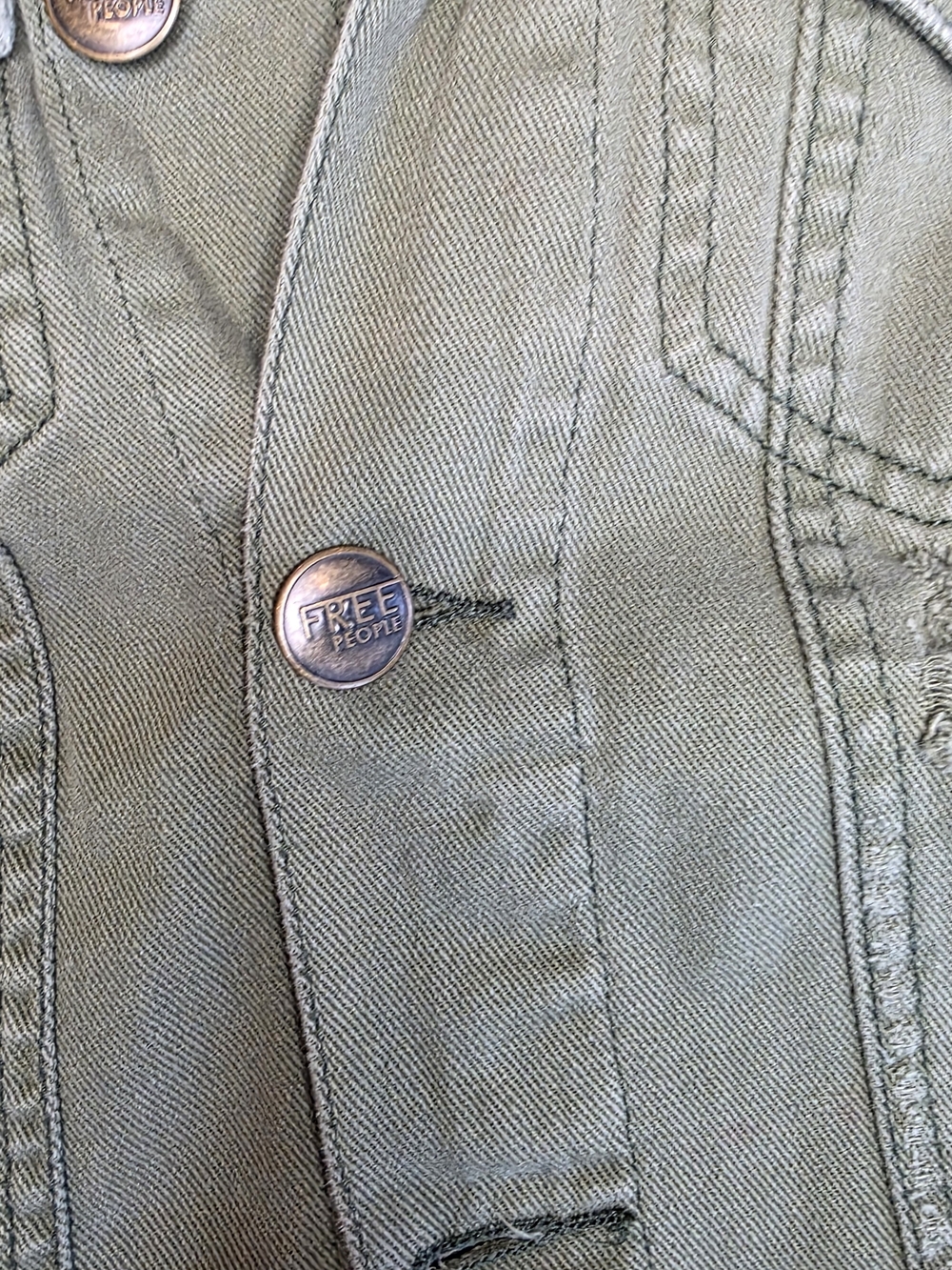 Free People Olive Green Distressed Denim Jacket Utility Trucker Boho - Picture 4 of 11